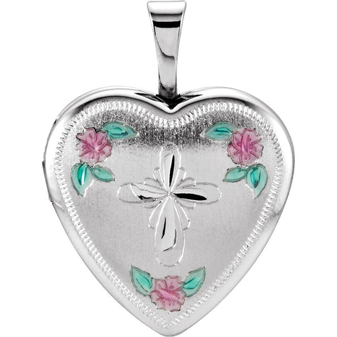 Sterling Silver 15.75mm Tri-Color Cross & Roses Locket