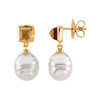 Elegant and Stylish Pair of 06.00 MM and 12.00 MM South Sea Cultured Pearl & Genuine Citrine Earrings in 14K White Gold, 100% Satisfaction Guaranteed.
