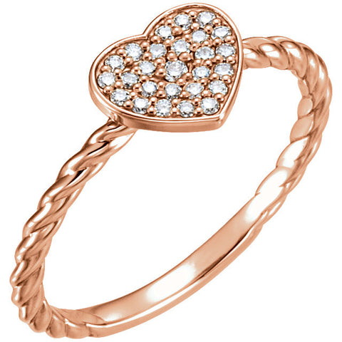 14k Rose Gold 1/8 CTW Diamond Heart Rope Ring, Size 7