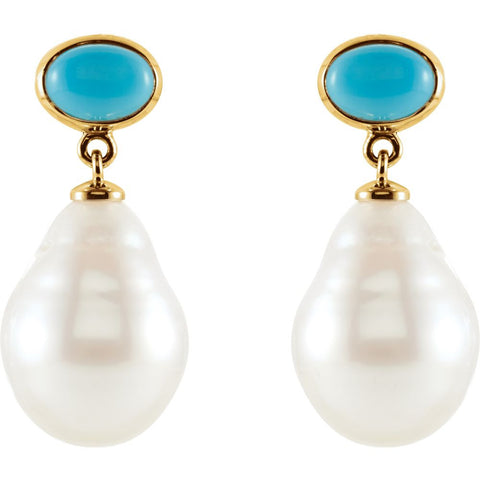 14k Yellow Gold 8x6mm Turquoise & 12mm South Sea Cultured Pearl Earrings