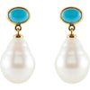 14k Yellow Gold 8x6mm Turquoise & 12mm South Sea Cultured Pearl Earrings
