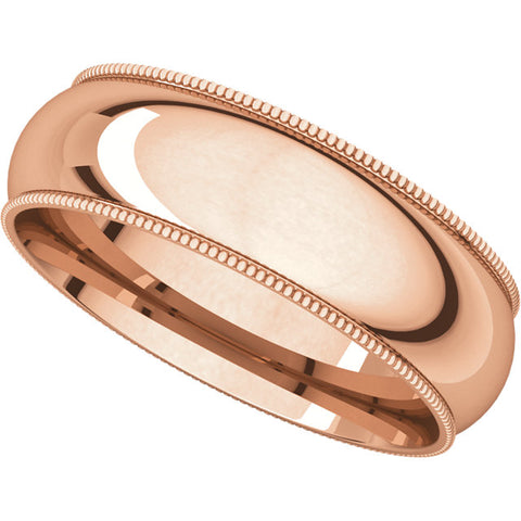 14k Rose Gold 6mm Milgrain Comfort Fit Band, Size 10