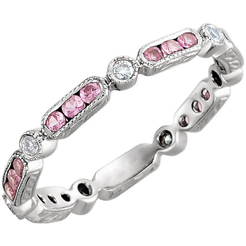 14k White Gold Pink Sapphire & 1/10 CTW Diamond Eternity Band Size 6