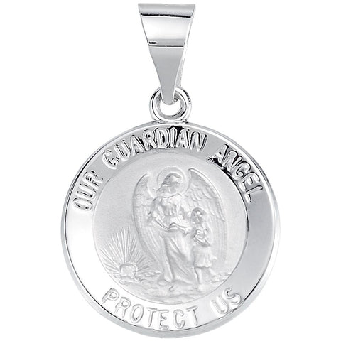 14k White Gold 15mm Round Hollow Guardian Angel Medal