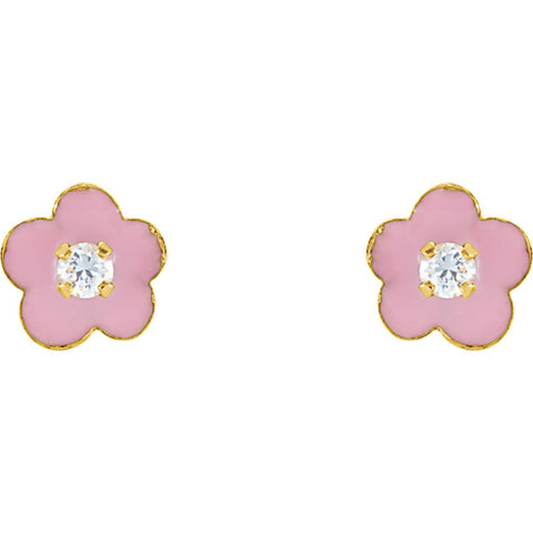14k Yellow Gold Youth Pink Enamel Flower & Cubic Zirconia Earrings