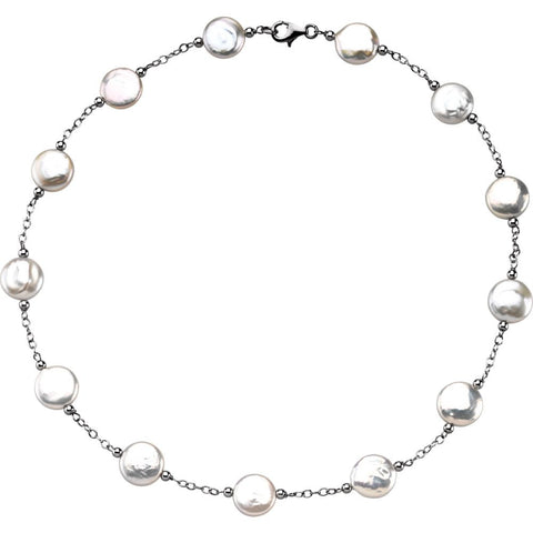 Sterling Silver 12-13mm Freshwater Cultured White Coin Pearl Station 18" Necklace