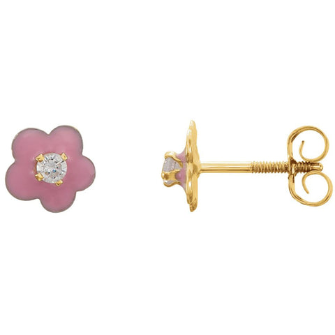 14k Yellow Gold Youth Pink Enamel Flower & Cubic Zirconia Earrings