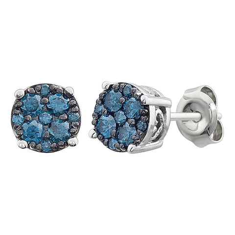 14k White Gold 3/8 CTW Blue Diamond Cluster Earrings