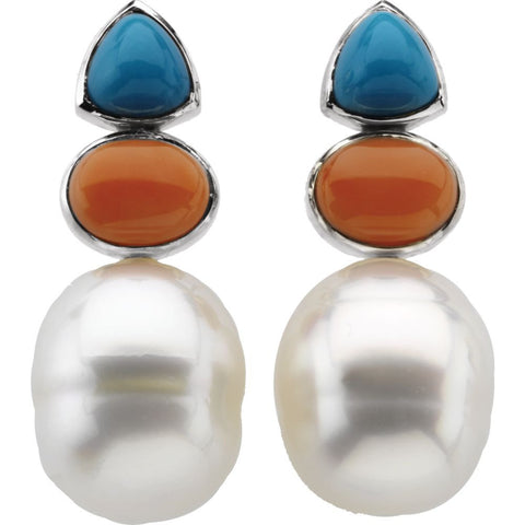 14k White Gold South Sea Cultured Circlé Pearl, Genuine Turquoise & Genuine Pink Coral Earrings