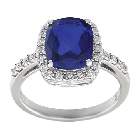 14k White Gold Created Blue Sapphire & .07 CTW Diamond Ring, Size 7