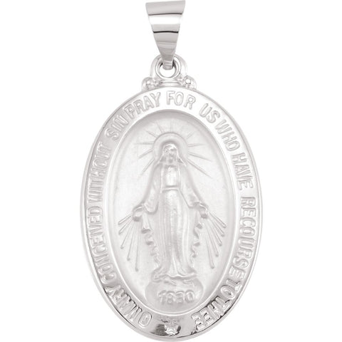 14k White Gold 25x17.75mm Oval Hollow Miraculous Medal