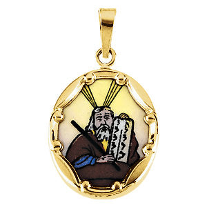 14k Yellow Gold 13x10mm Moses Hand-Painted Porcelain Medal