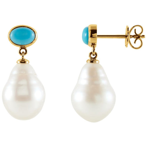 14k Yellow Gold 8x6mm Turquoise & 12mm South Sea Cultured Pearl Earrings