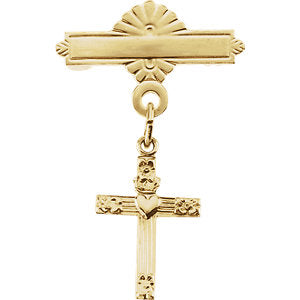 13.00x10.00 mm Cross with Heart Baptismal Pin in 14K Yellow Gold