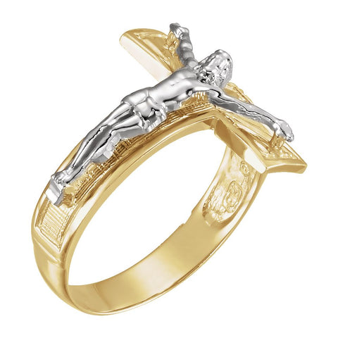 14k White/Yellow Gold Men's Crucifix Ring, Size 11