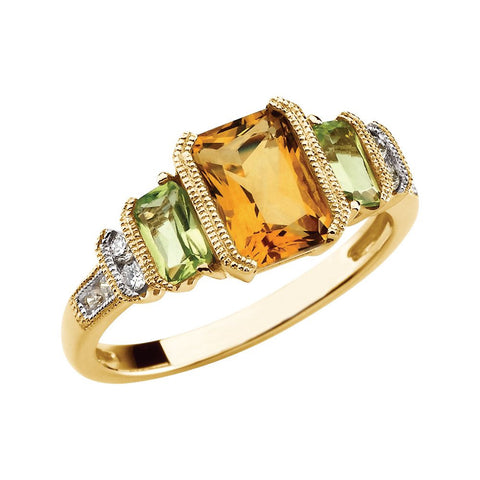 14k Yellow Gold Citrine, Peridot & Diamond Accented Granulated Design Ring, Size 7