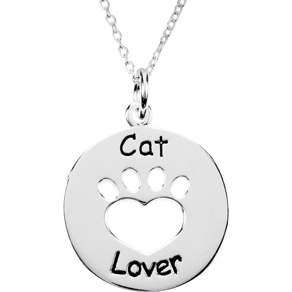 Sterling Silver Heart U Back™ Cat Lover Paw Pendant with Chain