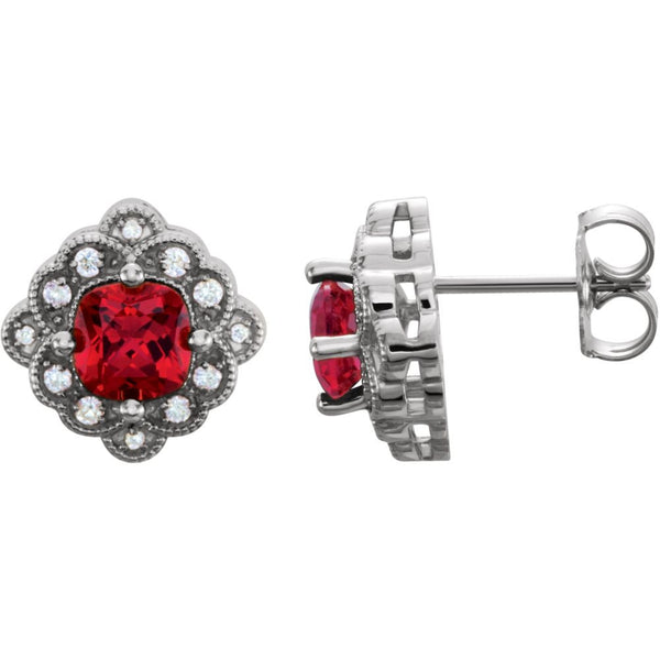14k White Gold Chatham® Created Ruby & 1/10 CTW Diamond Earrings
