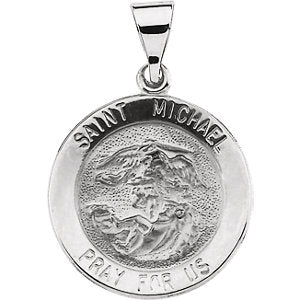 14k White Gold 18.25mm Round Hollow St. Michael Medal