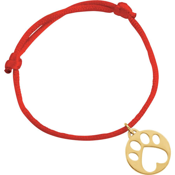 14k Yellow Gold Red Satin Cord Adjustable Bracelet with Paw Charm