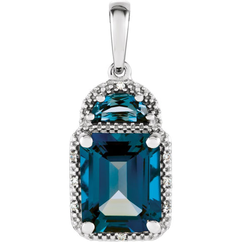 14k White Gold London Blue Topaz & .03 CTW Diamond Pendant