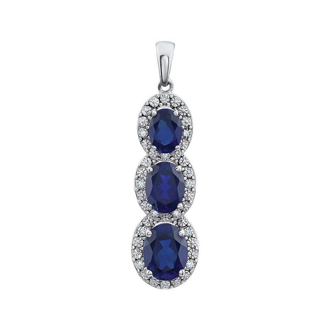 14k White Gold Created Blue Sapphire & .04 CTW Diamond 3-Stone Pendant
