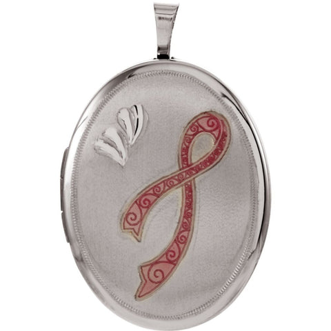 Sterling Silver 26x20mm Oval Breast Cancer Awareness Locket