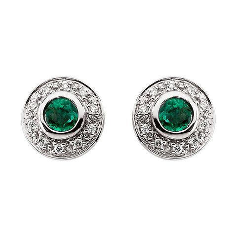 14k White Gold 3.5mm Round Emerald & 1/10 CTW Diamond Earrings