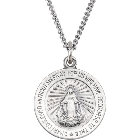 Sterling Silver 14.75mm Miraculous Medal with 18" Curb Chain