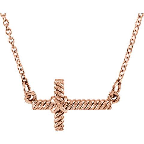 14k Rose Gold 8.65x16mm Sideways Rope Cross 16.5" Necklace