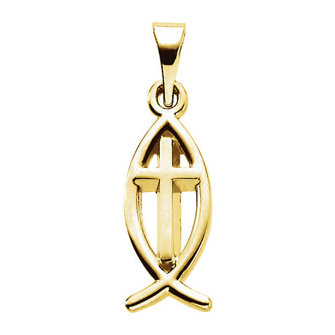 18k Yellow Gold 14x6mm Fish Pendant with Cross