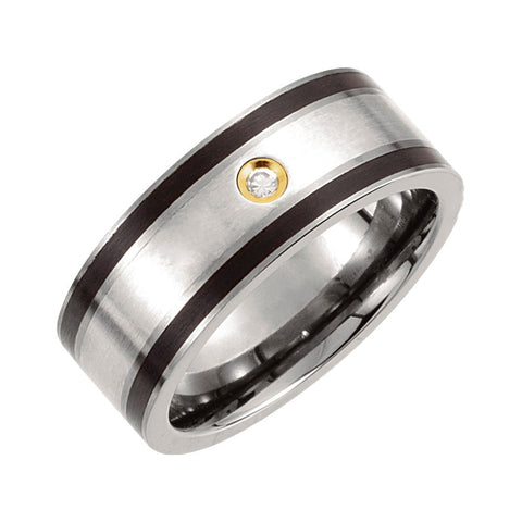 Titanium, Sterling Silver Inlay, Black Enamel & 14K Gold Plate 9mm .06 CTW Diamond Band Size 10.5