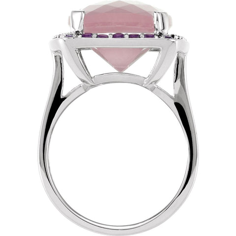 Sterling Silver Checkerboard Rose Quartz & Amethyst Halo Ring, Size 7