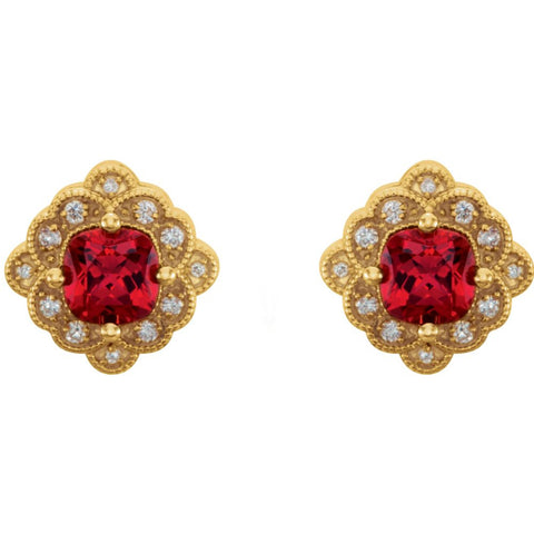 14k Yellow Gold Chatham® Created Ruby & 1/10 CTW Diamond Earrings