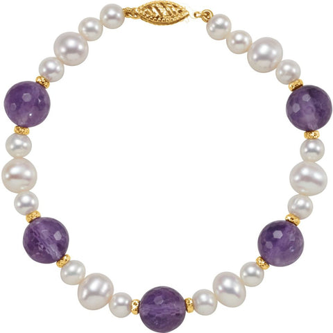 14k Yellow Gold Freshwater Cultured Pearl & Amethyst 7.5" Bracelet