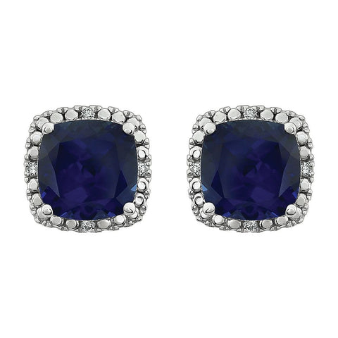 14k White Gold Created Blue Sapphire & .06 CTW Diamond Earrings