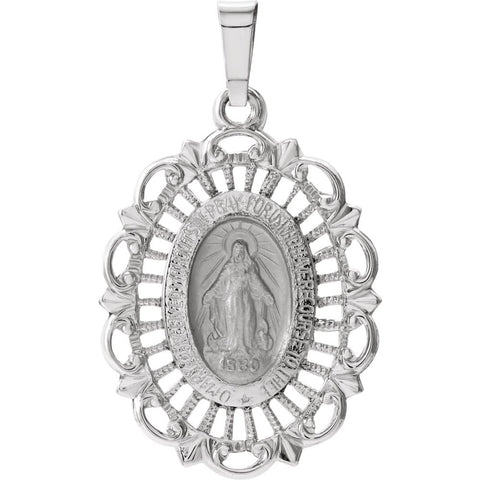 14k White Gold 22x15.5mm Oval Filigree Miraculous Medal