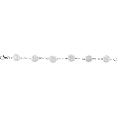 Sterling Silver 12-13mm Freshwater Cultured White Coin Pearl Station 7.5" Bracelet