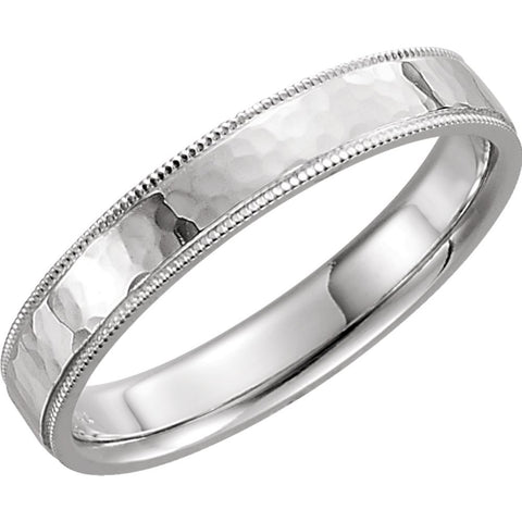 14k White Gold 4mm Flat Comfort Fit Milgrain Hammer Finish Band Size 8
