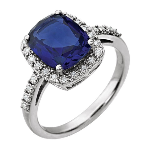 14k White Gold Created Blue Sapphire & .07 CTW Diamond Ring, Size 7