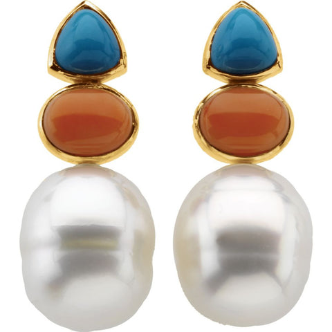 14k Yellow Gold South Sea Cultured Circlé Pearl, Genuine Turquoise & Genuine Pink Coral Earrings