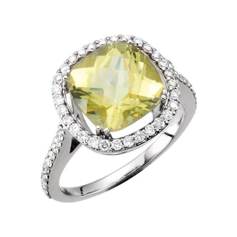 14k White Gold 1/2 CTW Diamond & 10x10mm Lemon Quartz Ring, Size 7
