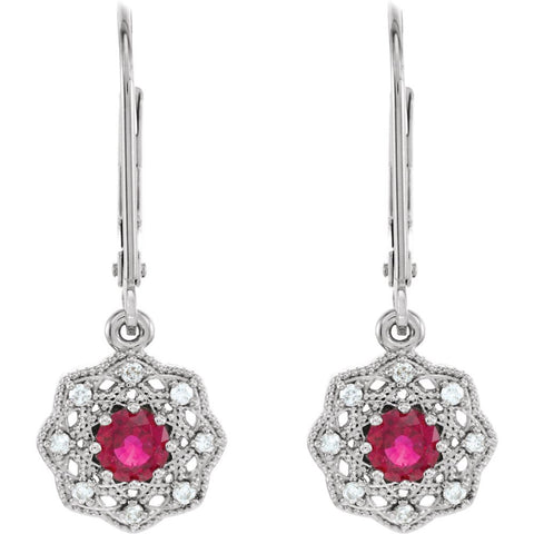 14k White Gold Ruby & 1/8 CTW Diamond Halo-Style Earrings