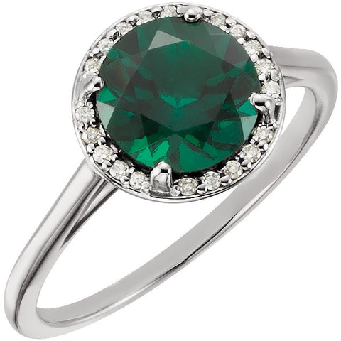 14k White Gold Chatham® Created Emerald and .05 CTW Diamond Ring, Size 7