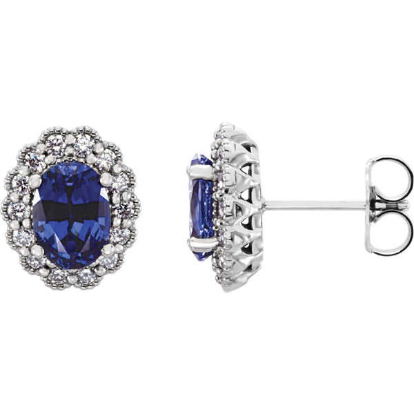 14k White Gold Chatham® Created Blue Sapphire & 3/8 CTW Diamond Earrings