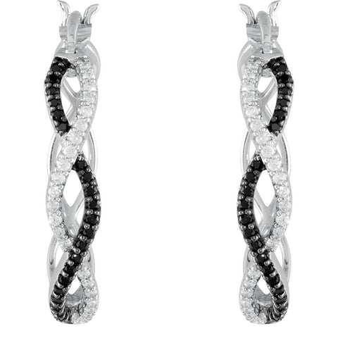 Sterling Silver Black Spinel & Diamond Hoop Earrings