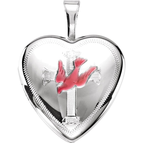 Sterling Silver Dove & Cross Heart Locket with Epoxy
