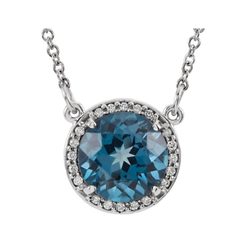 14k White Gold London Blue Topaz & .05 CTW Diamond 16" Necklace
