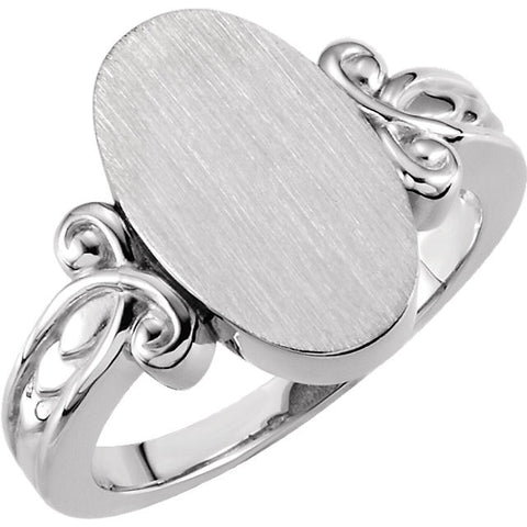 14k White Gold Fancy Oval Signet Ring, Size 6