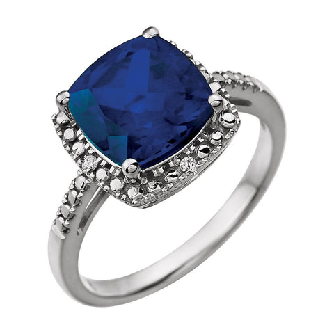 14k White Gold Created Blue Sapphire & .03 CTW Diamond Ring , Size 7